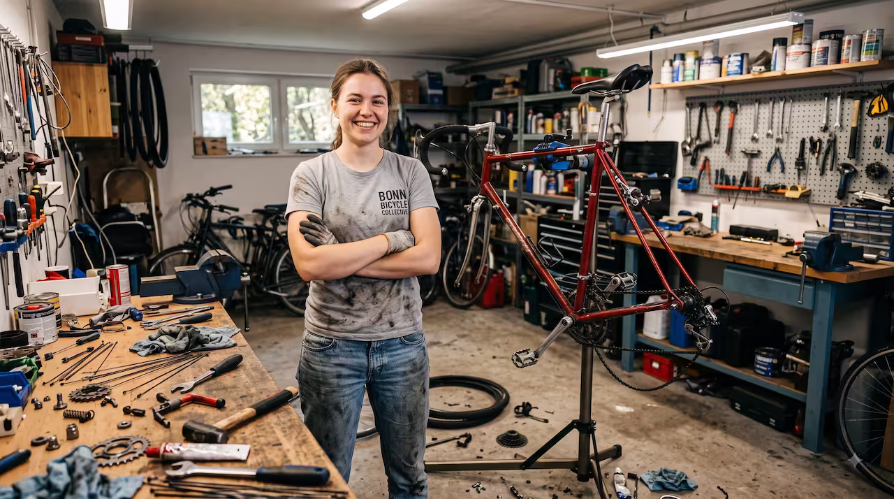 Frau lacht in Fahrradwerkstatt